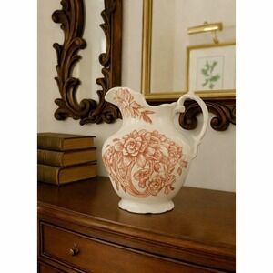 Antique Victorian 1876 Peerless England Red Transferware Pitcher 12"